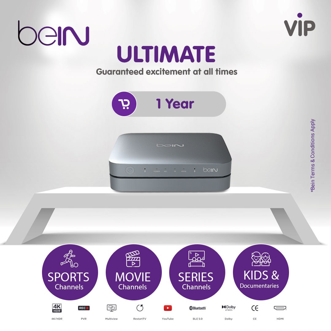 beIN ULTIMATE Package – 1 Year New Subscription (beIN TV 4K HDR / VIP Receiver / 4K Media Server)