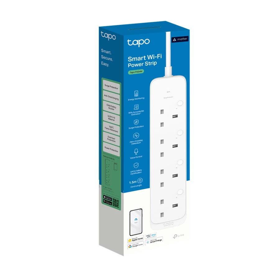 TP-Link Tapo P304M 4 Ports Smart WiFi Power Strip Socket Extension, 1.5m